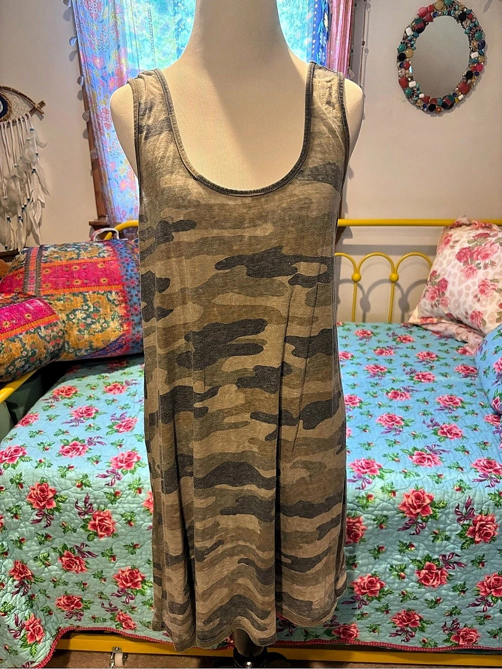 Lucky Brand Knit Tank Camo Mini Dress Brown & Green Medium